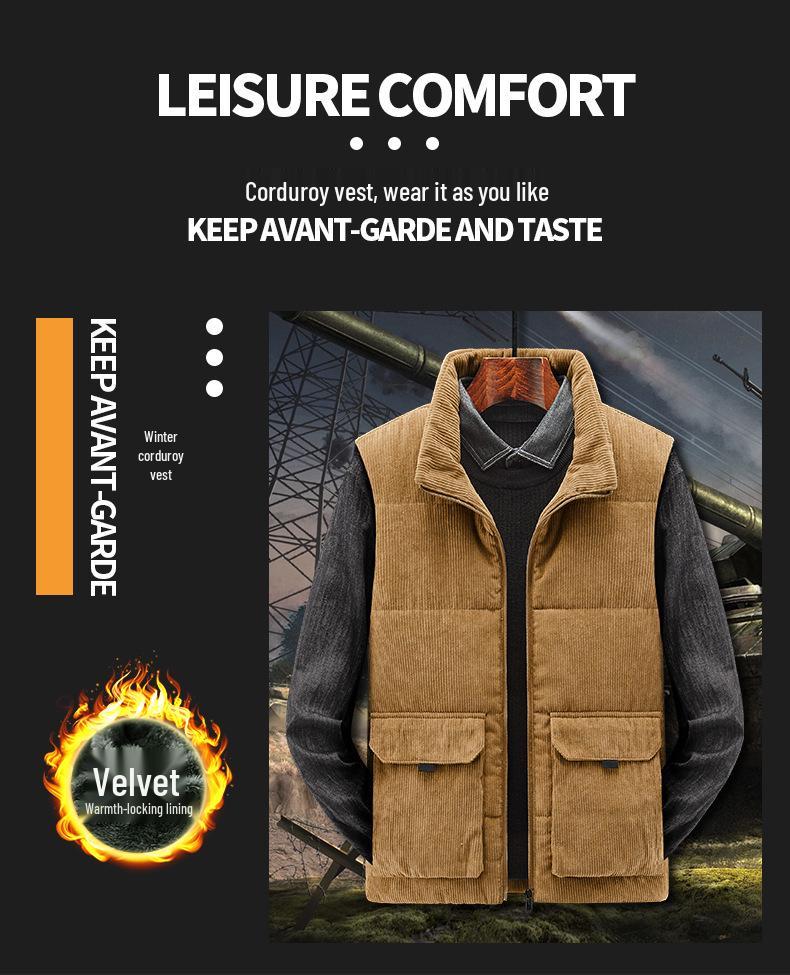 Men's Winter Fleece-Lined Corduroy Vest - Thick, Plus Size, Stand Collar, Sleeveless Jacket with Multi-Pocket Design.