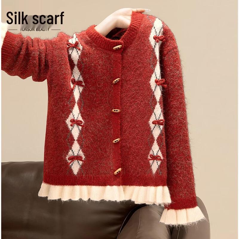 Women s Wool Blend Patchwork Knitted Cardigan One Size