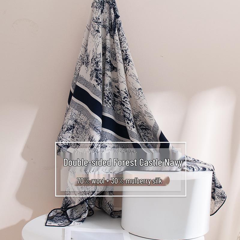 Vintage Forest Castle Print Wool Scarf - Double-Sided, Versatile Neck Warmer & Sunscreen Shawl