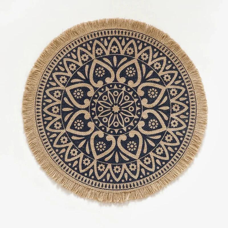Boho Round Placemat 15 Inch,Farmhouse Woven Jute Fringe TableMats with Pompom Tassel Place Mat for Dining Room INS Table Decors