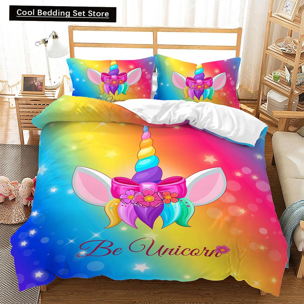Sada ložního prádla s duhovým jednorožcem Kawaii Kreslené zvířecí ložní prádlo pro děti Dívky 2/3ks Velikost Twin Single Double Queen Sady povlaků na přikrývku
