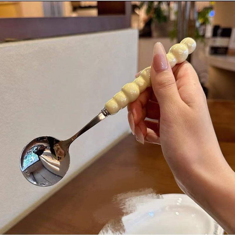Pearl Stainless Steel Spoon with Imitation Ceramic Handle, Household Dining Spoon, High-temperature Resistant Round Spoon Spoon