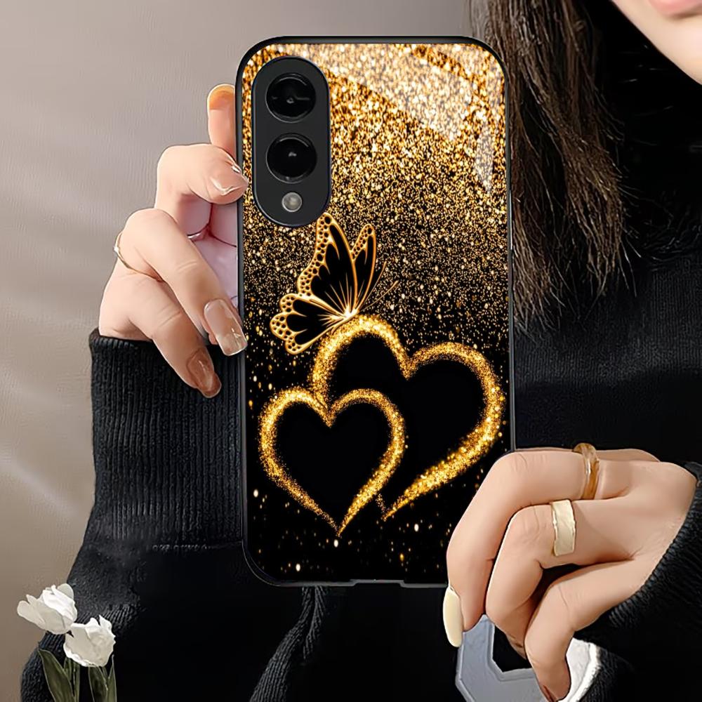 Gold Dust Love Butterfly PhoneCase Glass PhoneCase for Samsung Galaxy S26 S25 S24 S23 S22 S21 FE Ultra Plus Scratch Proof Smooth