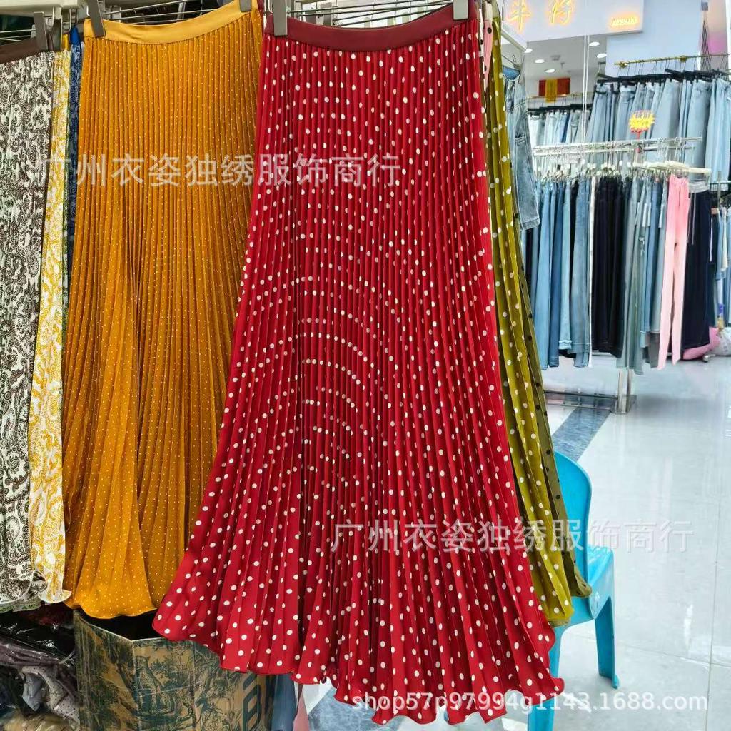 Chiffon Pleated Polka Dot Skirt Versatile High Waist Thin Wavy Skirt Temperament a Word Long Skirt