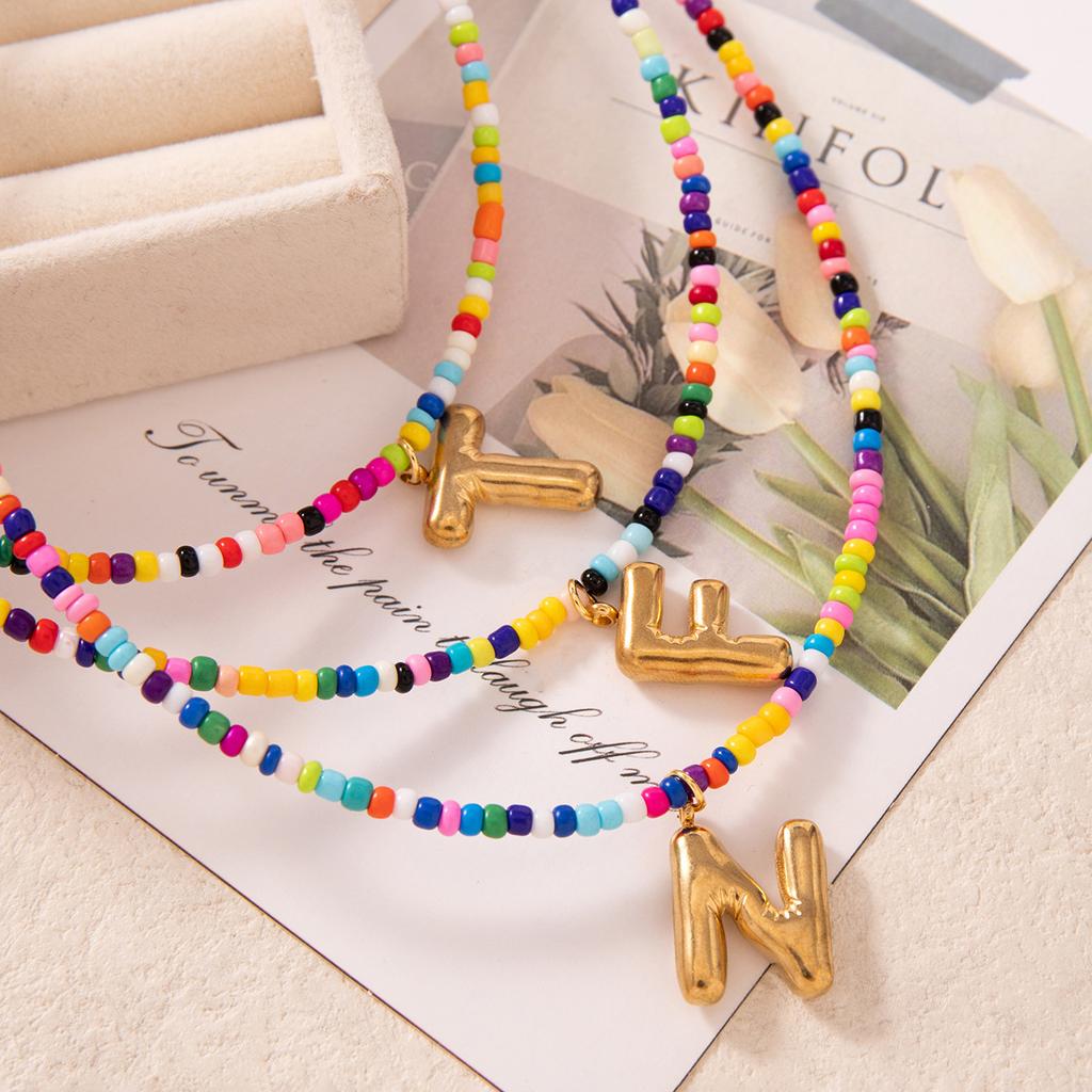 Bubble Alphabet Colored Rice Beads Handmade Beaded Delicate Beach Bohemian Necklace Collarbone Chain