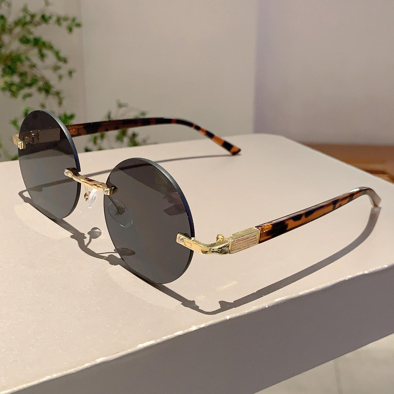 

KAMMPT Rimless Round Sunglasses Men Fashion Classic Vintage Outdoor Shades Ins Trendy Luxury Brand Design Anti-UV Sun Glasses golden чёрный
