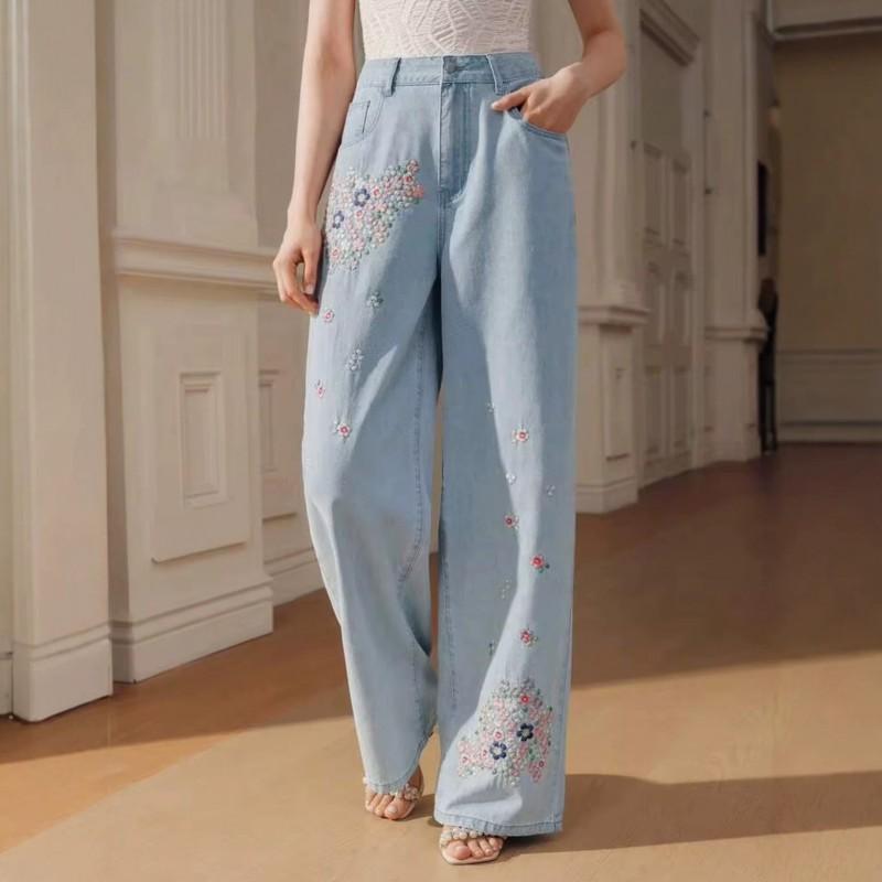 2026 Oversized Wide-Leg Denim Pants With Vintage Embroidery High-Waist Loose Fit Streetwear