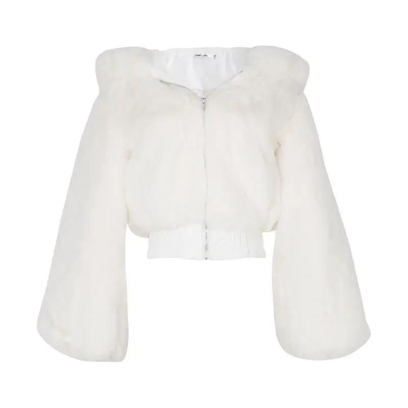 Furry Cropped Faux Fur Coats and Jackets Women Fluffy Top Coat with Hooded Winter Fur Jacket