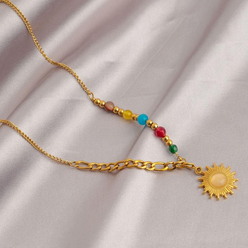 Women Vintage Multicolor Natural Stone Beaded Layered Clavicle Pendant Necklace