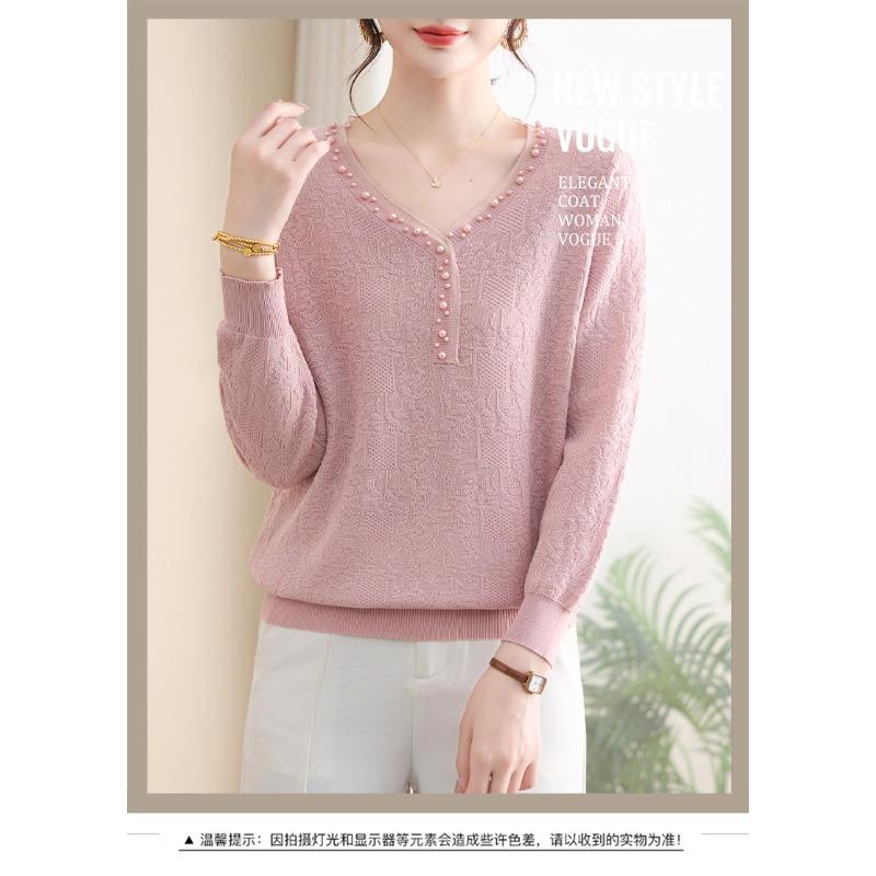 Spring Autumn V-neck Beading Bottomed Knitting Top Women Long Sleeve All-match Pullover Sweater