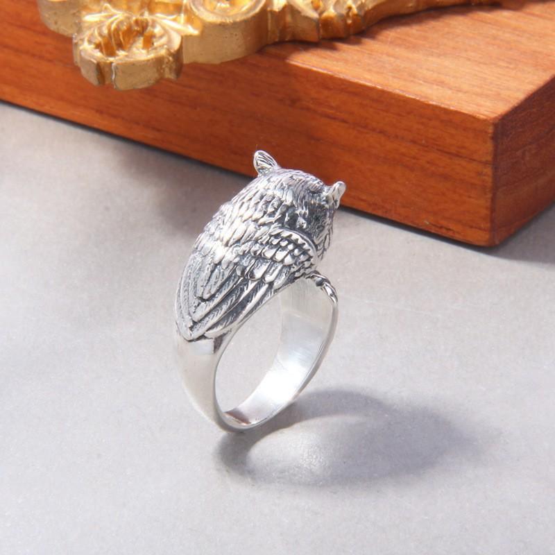 Adjustable Owl Ring Men Women Sterling Vintage Animal Statement Open Band