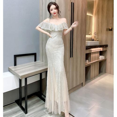 

High-end fishtail evening dress new female banquet temperament host heavy industry sequined long dress summer L абрикосовий
