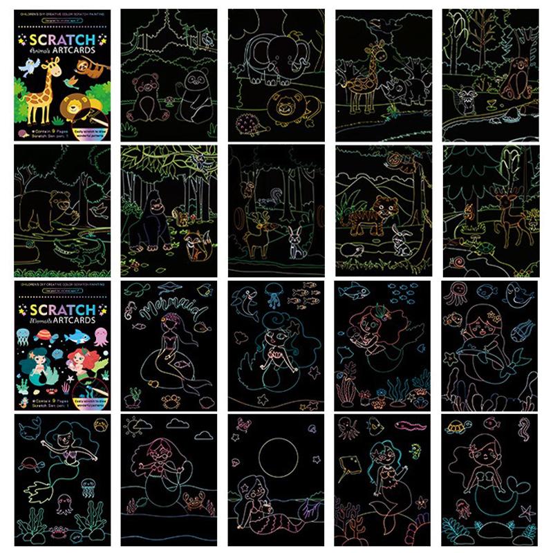 18 PCS Scratch Painting Papers Magic Rainbow Colored Drawing Set Space Animal Ocean Pirate Bamboo Stick Gifts for Boys Girls ZYF