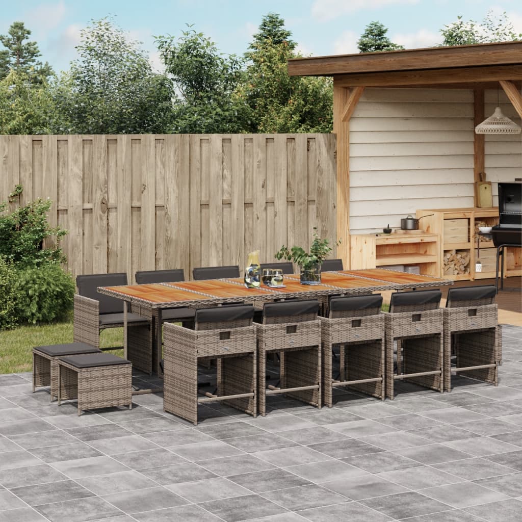 15 Piece Garden Dining Set with Cushions Gray Poly Rattan