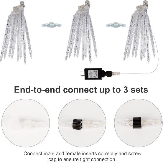 WATERGLIDE Meteor Shower Lights, 11" Outdoor Christmas Lights 10 Icicles 240 SMD LED Crystal Ice Falling Light, Connectable Raindrop Iciclelights,