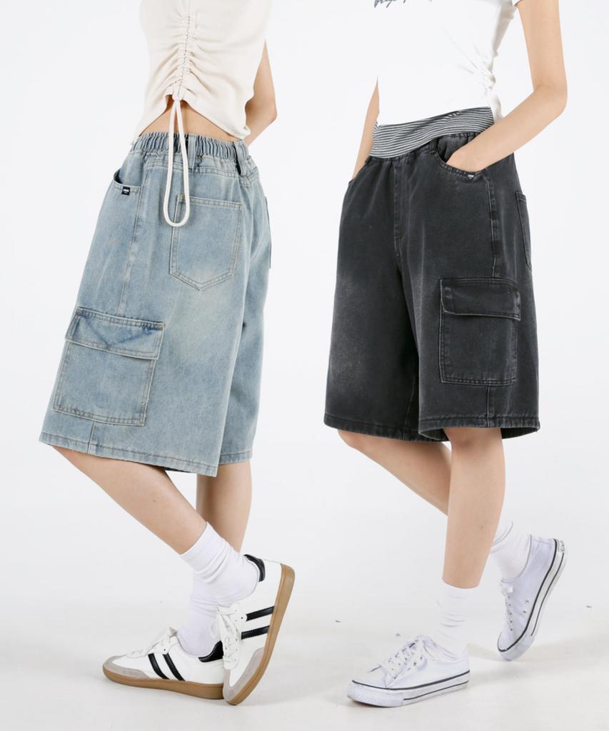 UMM Women'S Elastic Waist Bermuda Cargo Cool Denim Shorts 2 Colors