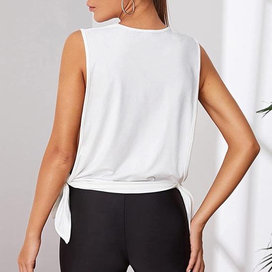 Kadın Spor Üst Oyuklu İnce Bol Nefes Alabilir Yumuşak Yuvarlak Yaka Ter Emici Düz Renk Kolsuz Bağcıklı Düğüm Koşu Yoga Spor Salonu Atlet