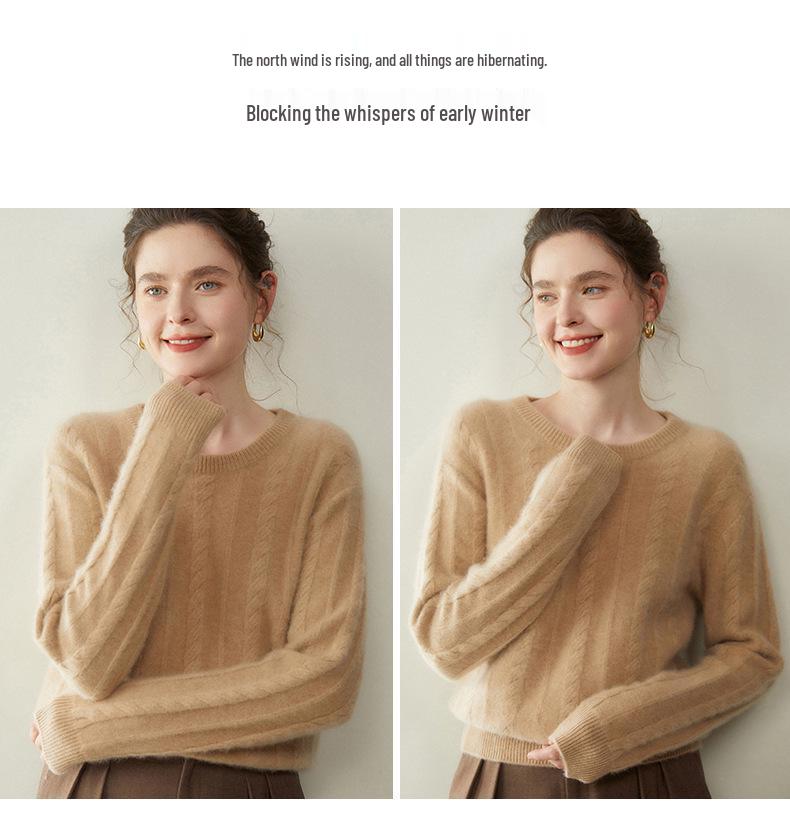 Maglione da donna in cashmere a girocollo: Lavorazione a treccia spessa, Morbido cashmere di capra, Ideale per Autunno/Inverno.