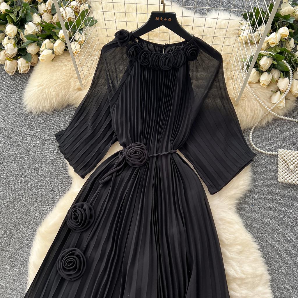 Spring Autumn Woman Dress New Flower Round Ne Seven-Quarter Sleeve Waist-Cinching Pleated Dresses for  Women Slimming Gown