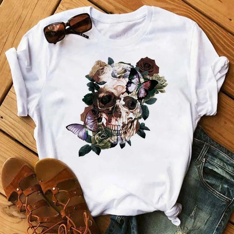 Fashion Leopard Skull Printed Women T-shirt Summer Loose Black Female T-shirt Casual Round Neck Harajuku Tops Woman Clothes