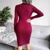 Women Fall Winter Sexy Hollow Out Solid Color Long Sleeve Knit Slim Chic Dress S-L