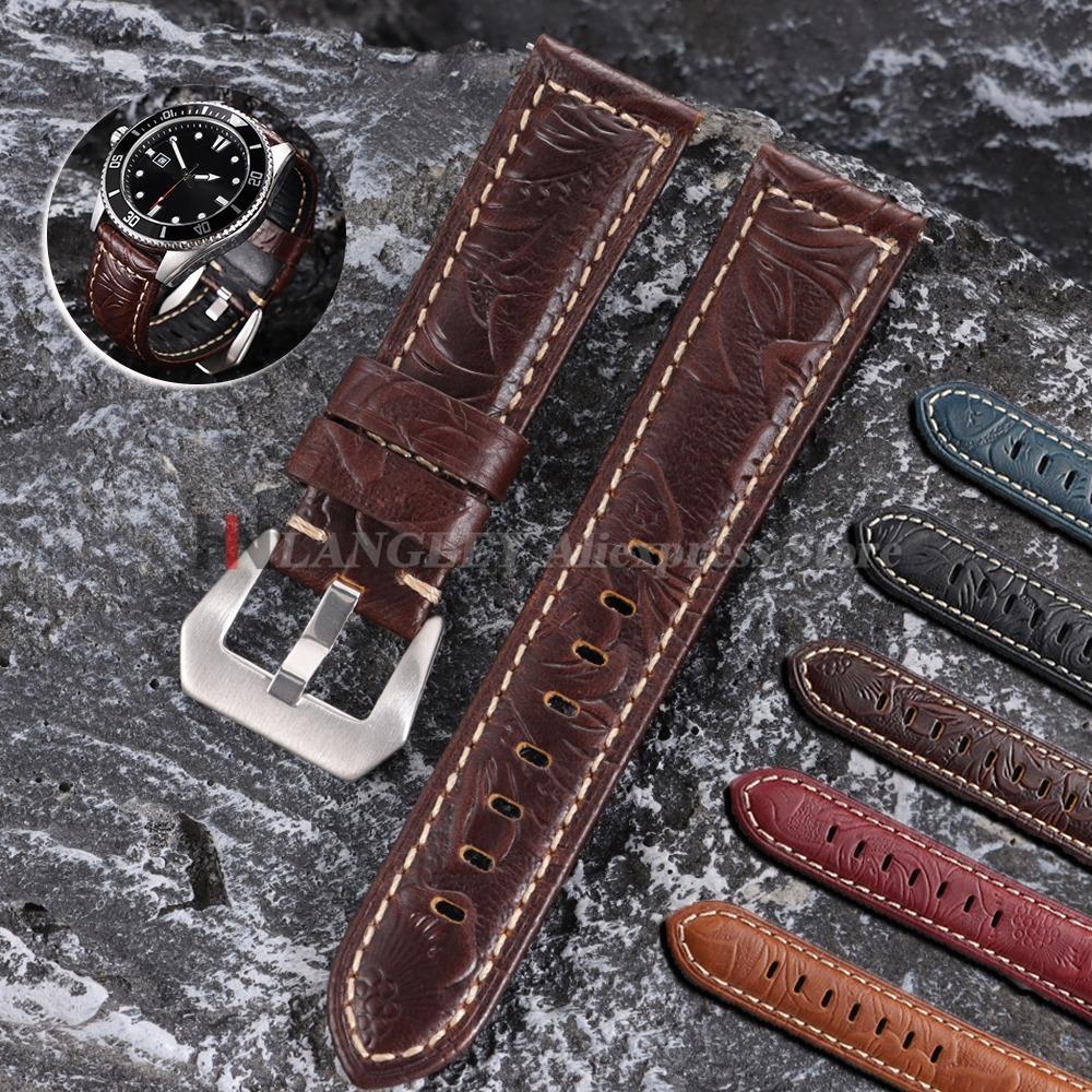 Handgefertigte Rindsleder-Uhrenarmbänder 20mm 22mm 24mm 26mm Vintage Crazy Horse Leder-Uhrenarmband für Panerai für Omega Schnitzerei Armband