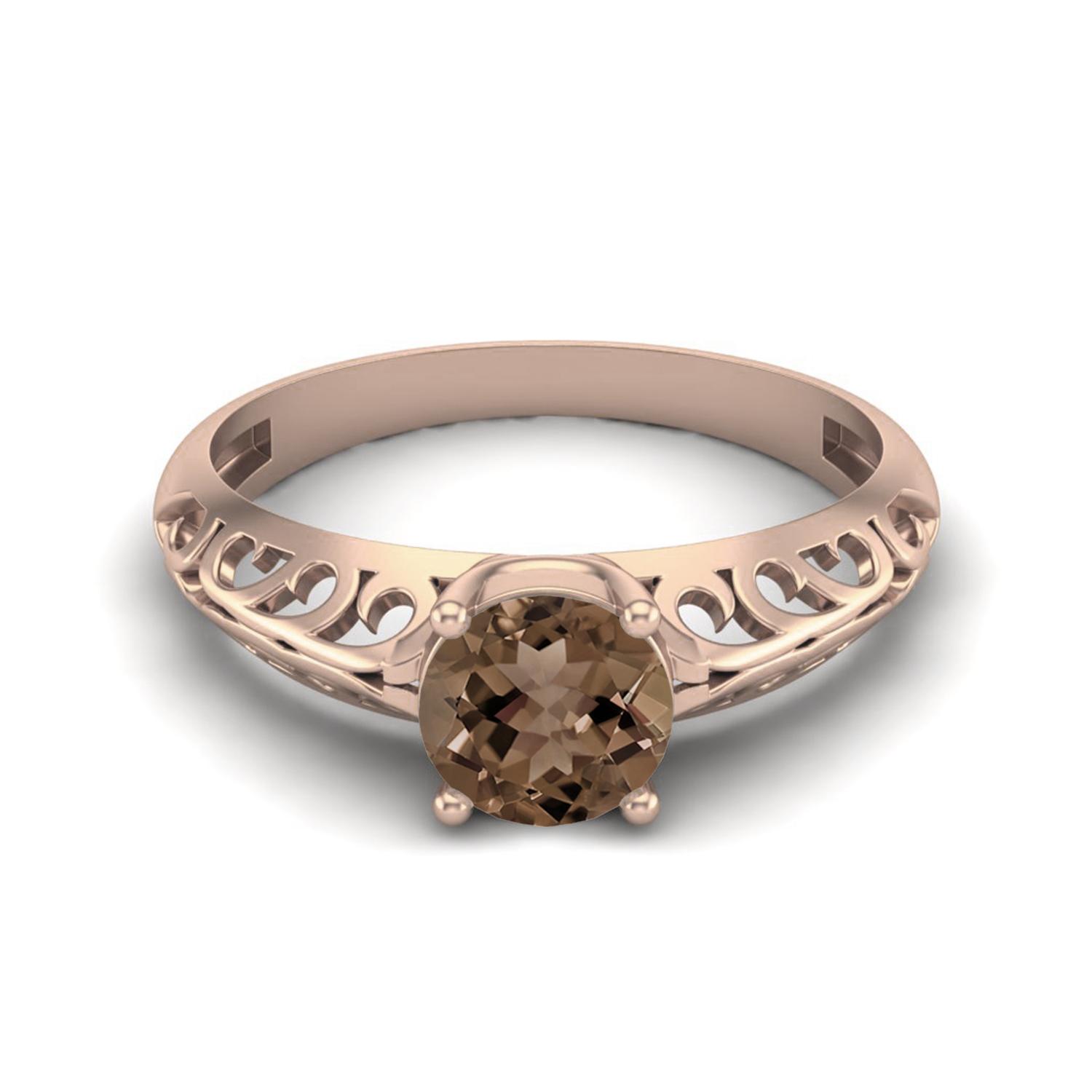 0.85 Ctw Round Smoky Quartz 925 Sterling Silver Rose Vermeil Solitaire Filigree Women Promise Ring 12