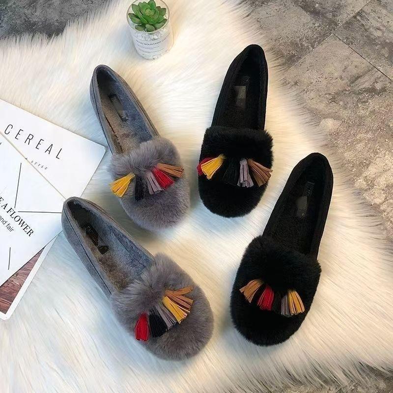 Tassel thick-soled fluffy shoes women's winter new outer wear velvet imitation rabbit fur one pedal Doudou shoes warm cotton shoes