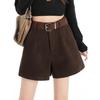 Plus Size High-Waisted Coffee Wool Blend A-Line Shorts for Women - Loose, Slimming Wide-Leg Style for Spring & Autumn.
