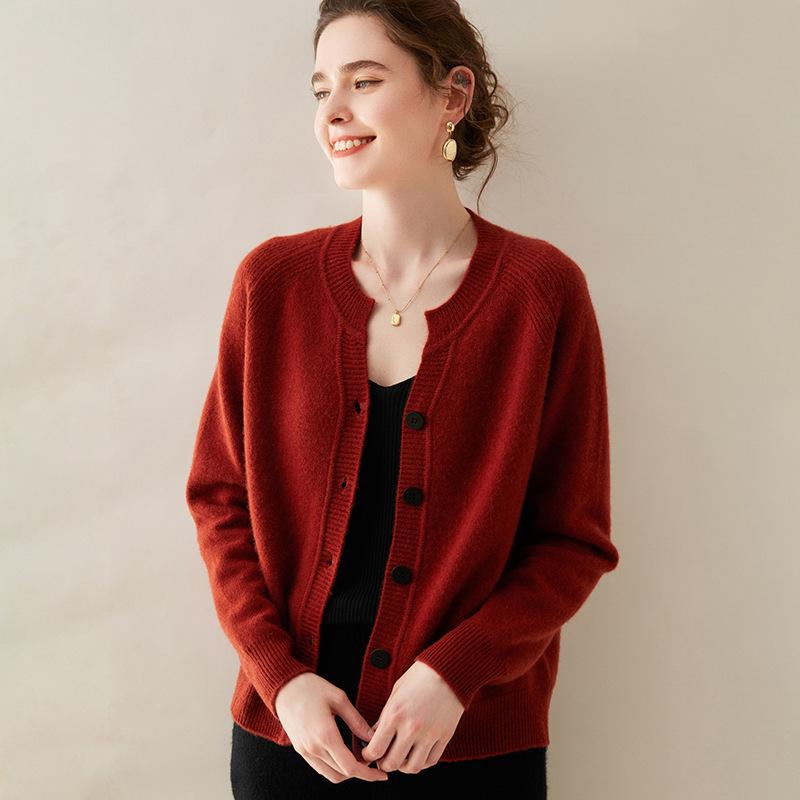 Women's Thick Cashmere Round Neck Raglan Sleeve Sweater Cardigan - Loose Fit, Autumn/Winter Versatile Outerwear