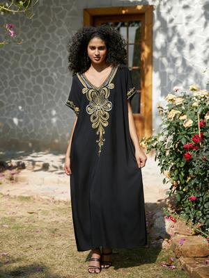 Abito da donna nero ricamato Abito lungo in caftano da spiaggia Abito da vacanza Copricostume da salotto Abito da casa Q1655