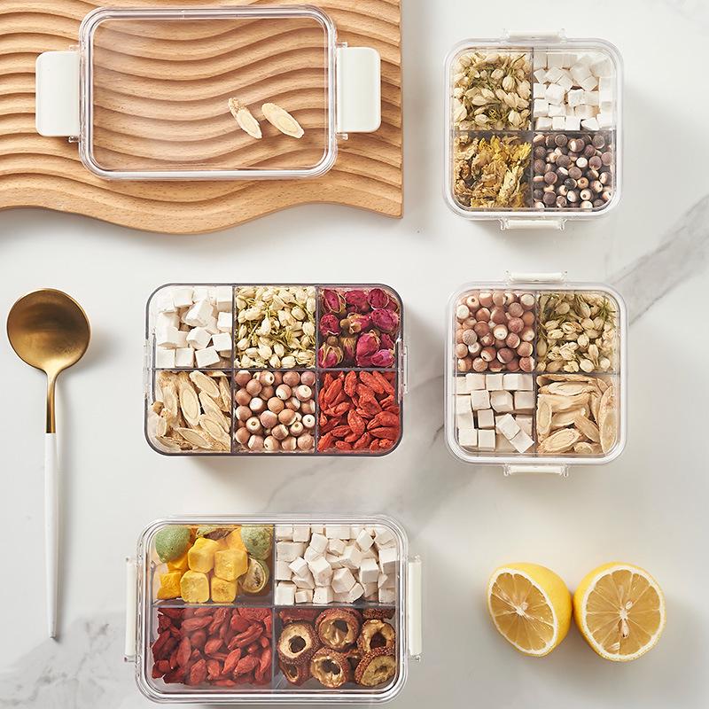 Square Flower Tea Storage Box - 680ml with 4 Food Grade Compartments and 700ml Sealed Lid