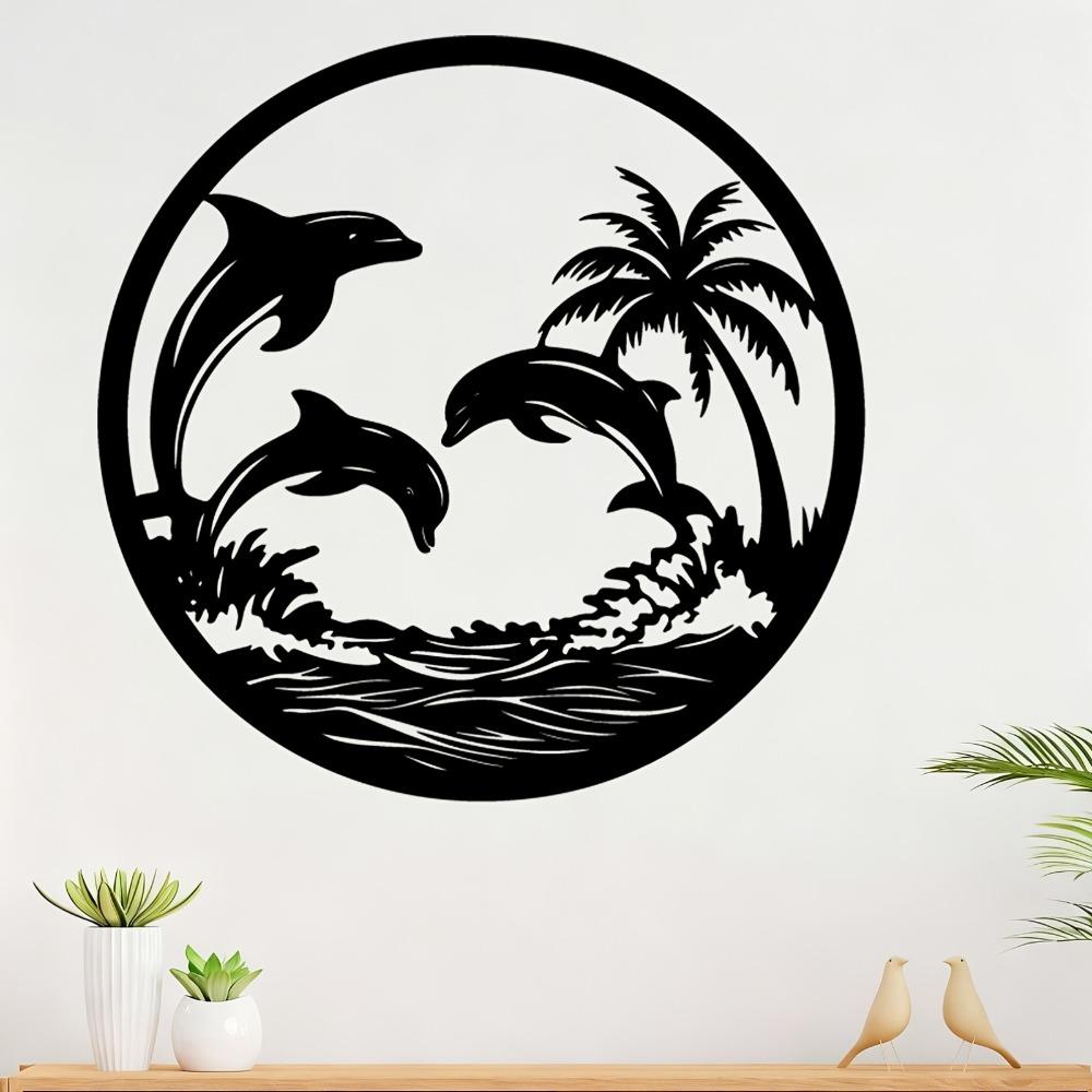Tropical Dolphin Palm Tree Metal Wall Art Weatherproof Iron Sculpture Outdoor Garden Decor