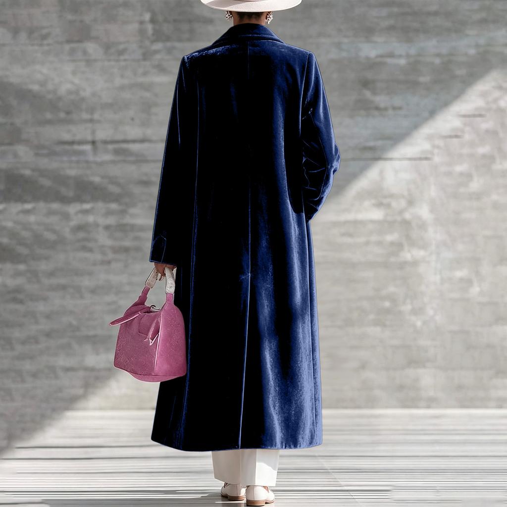Cappotto Lungo da Donna in Velluto con Collo a Revers Lunghezza Sopra il Ginocchio Elegante Capospalla Invernale