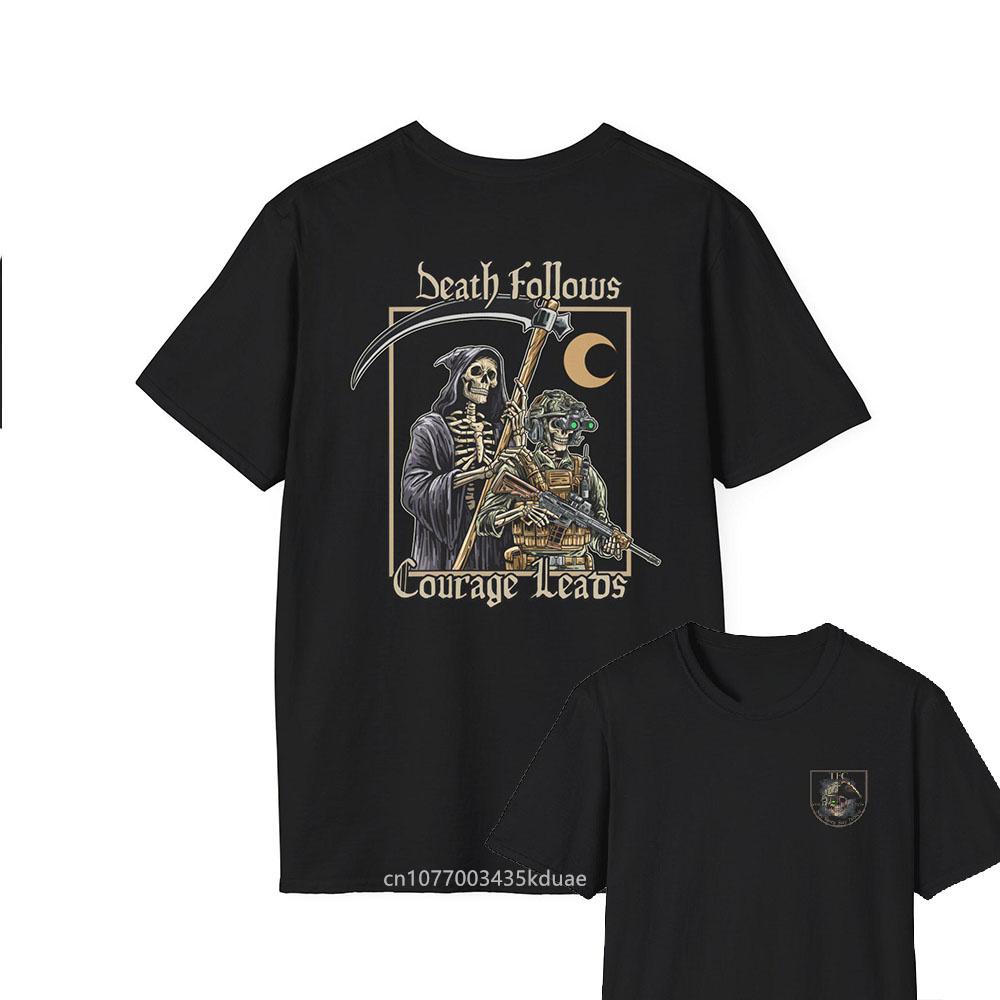 Tactical Skeleton Graphic T-Shirt Men Death Follows Courage Leads Short Sleeve Cotton Tops Clothing Summer Casual Men‘s T Shirt
