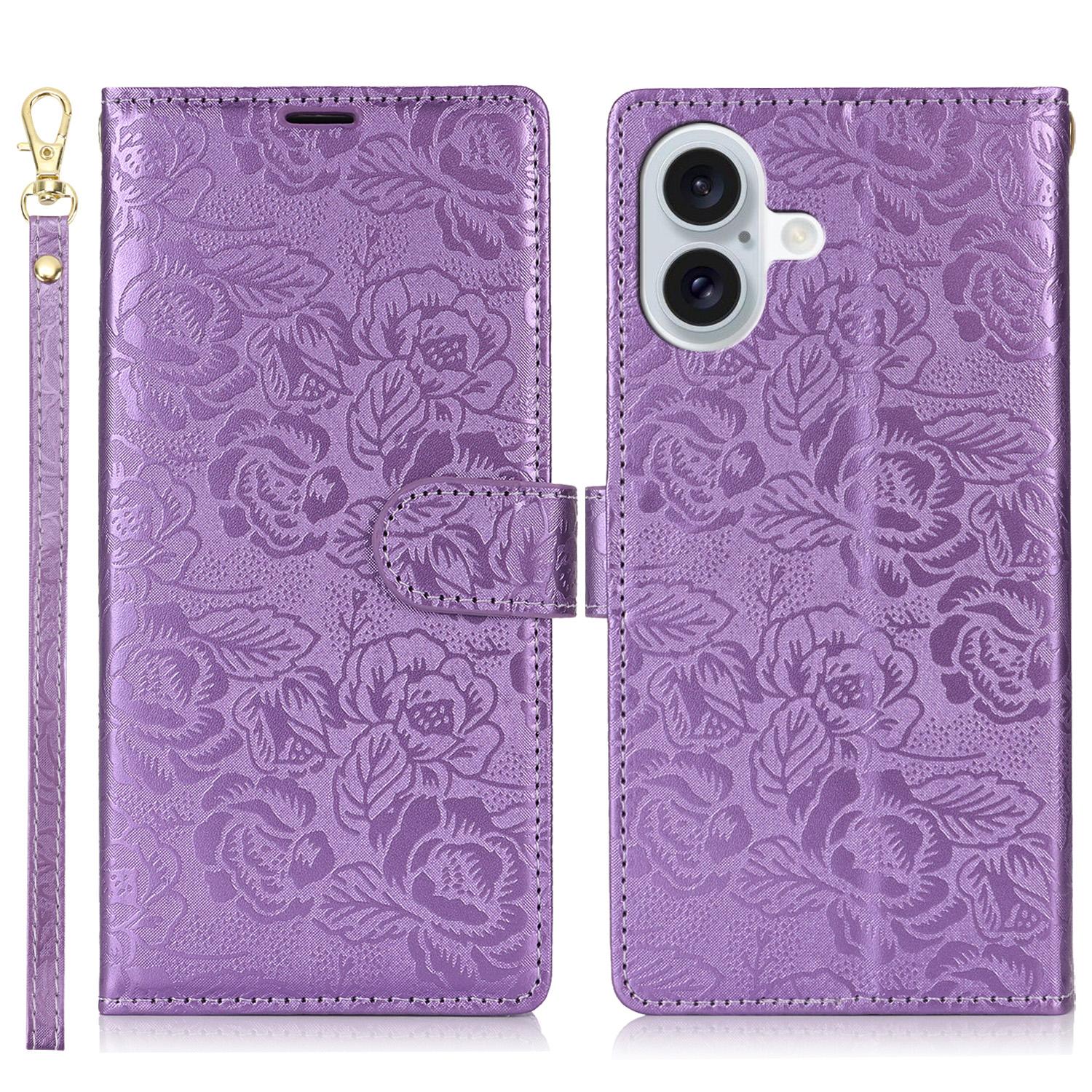 

For iPhone 16 Plus Case with Hand Strap Flower Imprint Leather Wallet Phone Cover Purple