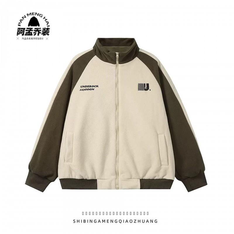 Mens Winter Fleece Lined Stand Collar Loose Thick Cotton Coat Casual Retro Color Block Jacket