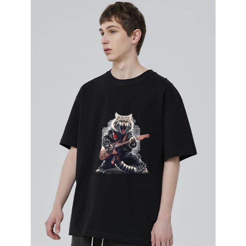Schwarzes T-Shirt Mit Rock-Katze, Die Gitarre Spielt, Für Freizeitkleidung
