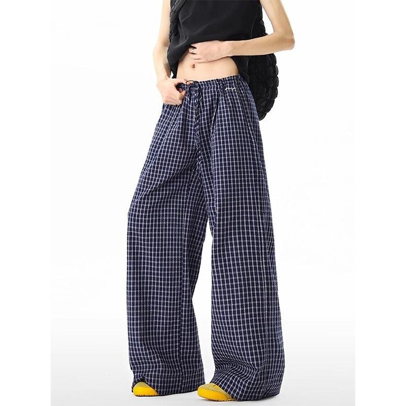 American Retro Light Dark Blue Plaid Casual Pants for Men and Women, Loose and Cool In Summer, Trendy Brand Wide-legged Lazy Long Pants