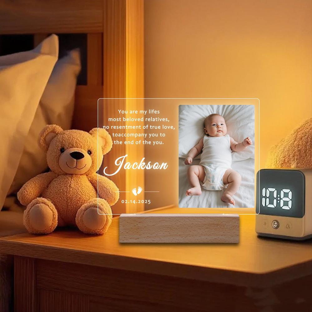 Personalized Picture Frame Custom Photo Acrylic Plaque 3 Color Light Solid Wood Base Desktop Decor Anniversary Remembrance Gift