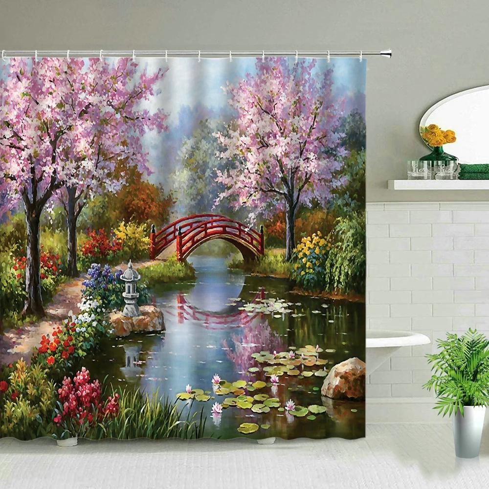 Plant Series Shower Curtains Bathroom Waterproof Polyester Cloth Curtain Set Flowers Print Screens For Bathtub Decor With Hooks