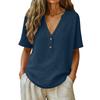 Women Solid Button V Neck Short Sleeve Casual T Shirt