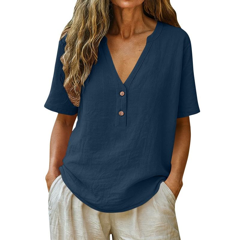 Women Solid Button V Neck Short Sleeve Casual T Shirt