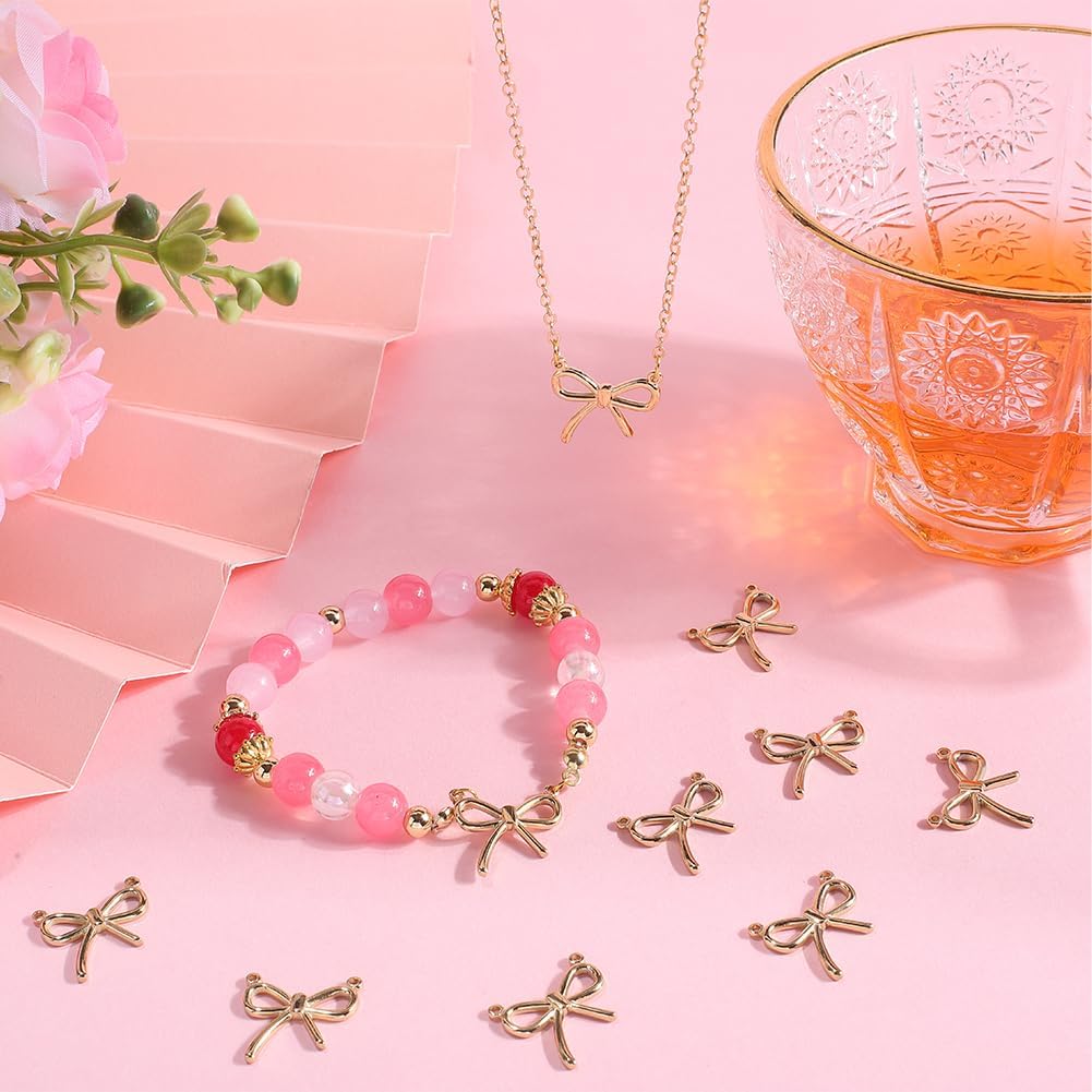 Beebeecraft 1 Box 6Pcs Bowknot Charms 14K Gold Plated 304 Stainless Steel Hollow Bowknot Links with 2 Holes for Necklace Jewelry Making (Hole: 1mm)