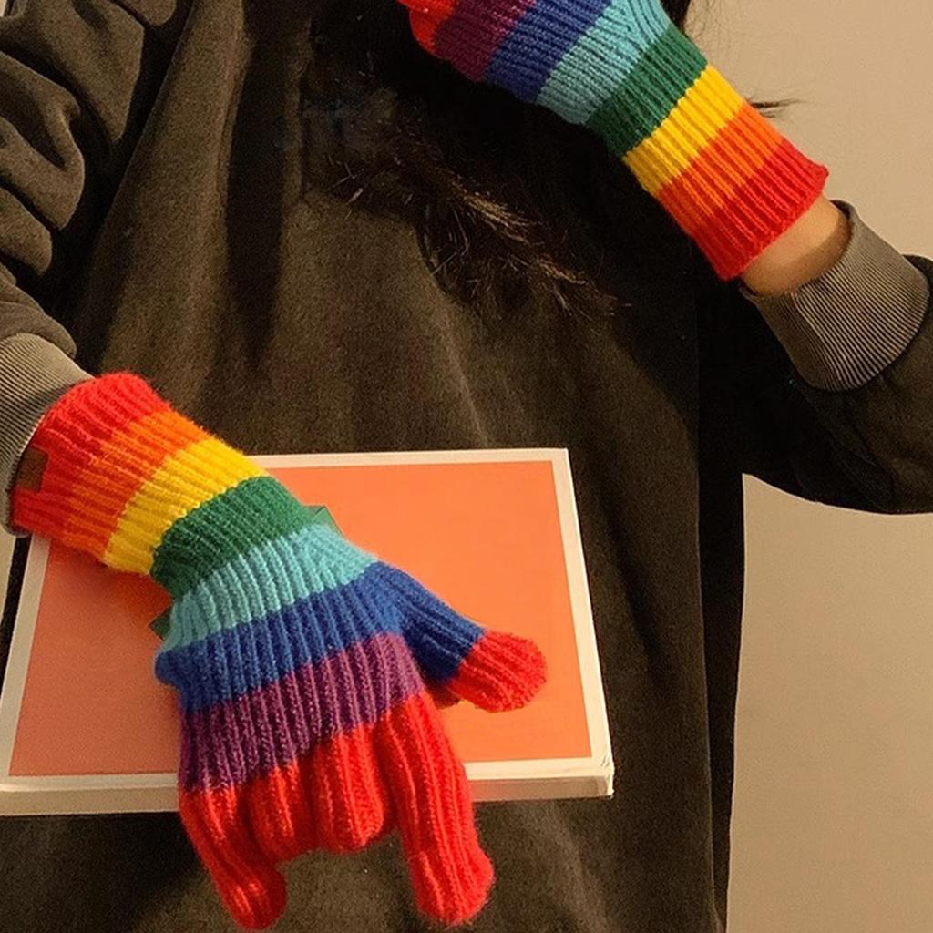 Touchscreen Winter Gloves Rainbow Color Knit Warm Gloves Touch Screen Phone Compatible for Outdoor Sports Running Hiking Skiing