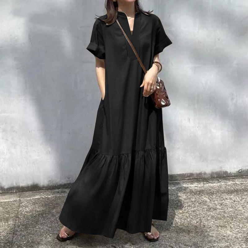 2025 Spring/Summer Women's V-Neck Stand Collar Short Sleeve A-Line Fishtail Long Dress
