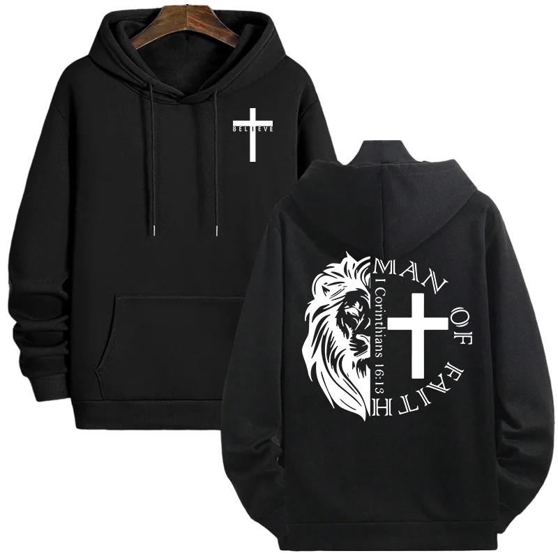 Jesus Christ Style Hoodies 2025 Fall Winter New Arrival Hooded Long Sleeve Sweatshirts Man Off Faith Lion Print Hoody Outerwear