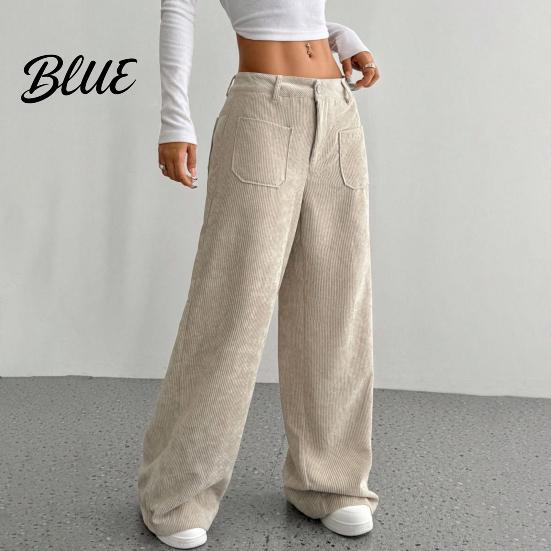 Women Pants Low Rise Zipper Button Fly Straight Wide Leg Comfortable All-day Wear Long with Pockets Solid Color Ribbed Leisure Trousers Wide-leg