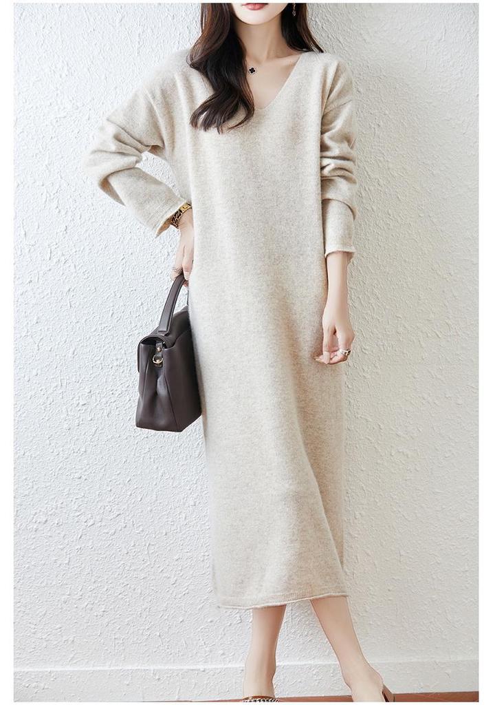 Women's V-Neck Pure Wool Knit Sweater Dress - Mid-Length, Loose Fit for Autumn & Winter