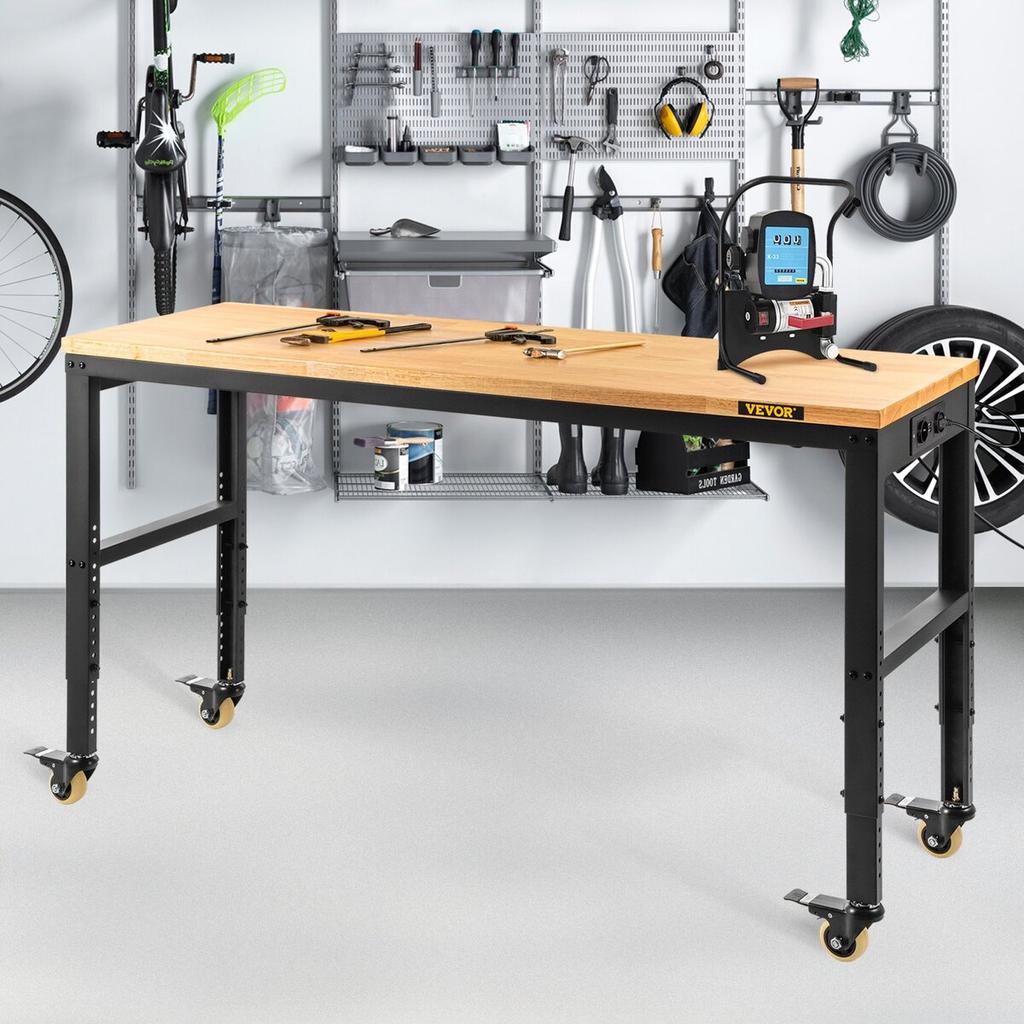 Workbench Adjustable Height, 155 x 51 cm Garage Table w/ 80 – 105 cm Heights & 720KG Capacity, with Power Outlets & Hardwood Top & Metal Frame &